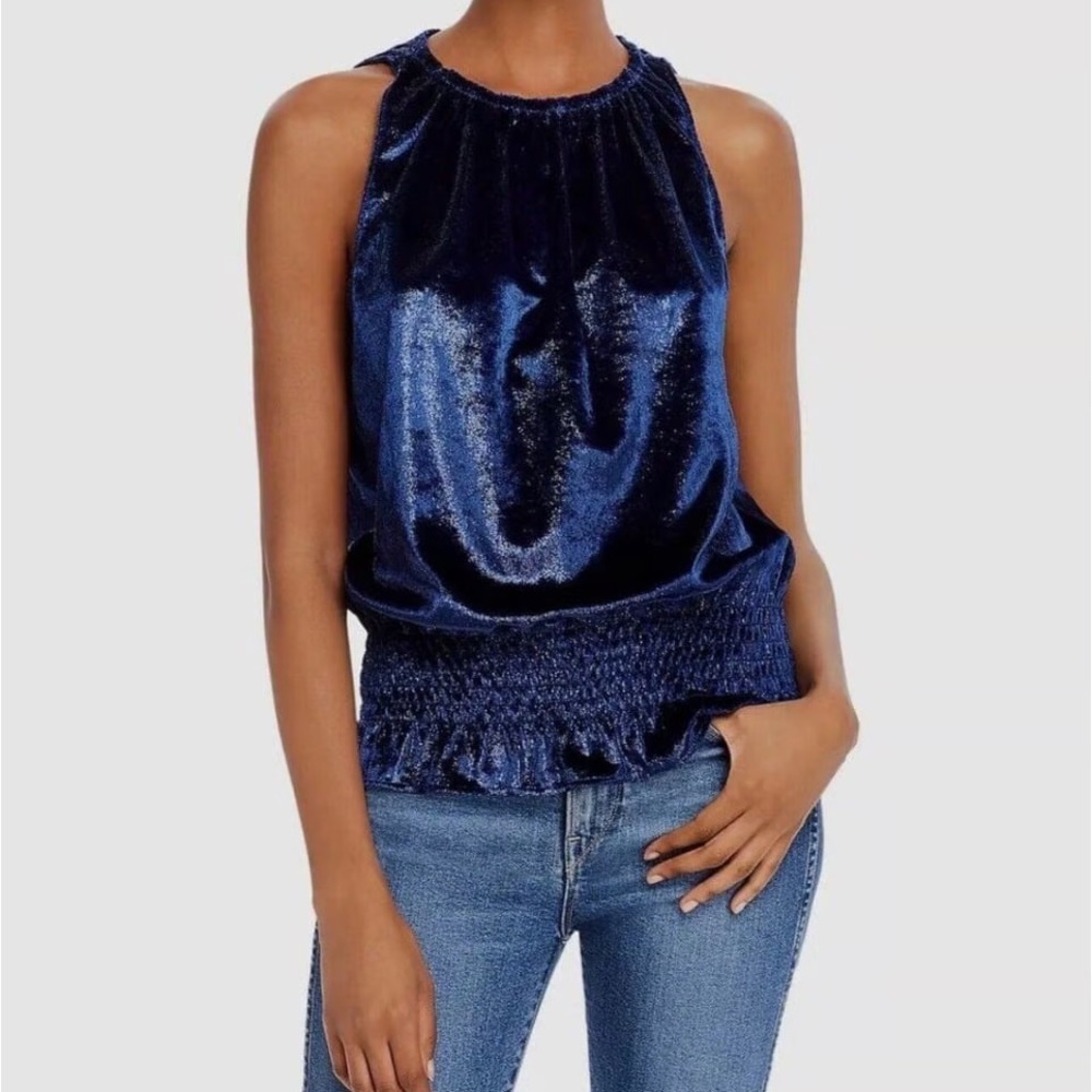Ramy Brook Lonny Top in Navy High Ruffle Neck Metallic Glitter Size L